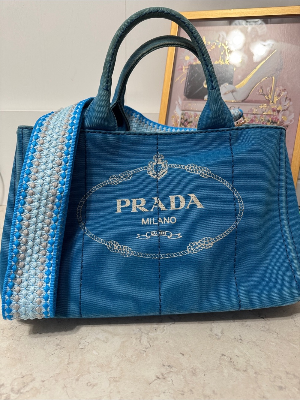 Prada canapa Blue Canvas Tote with authenticity card and unbranded strap